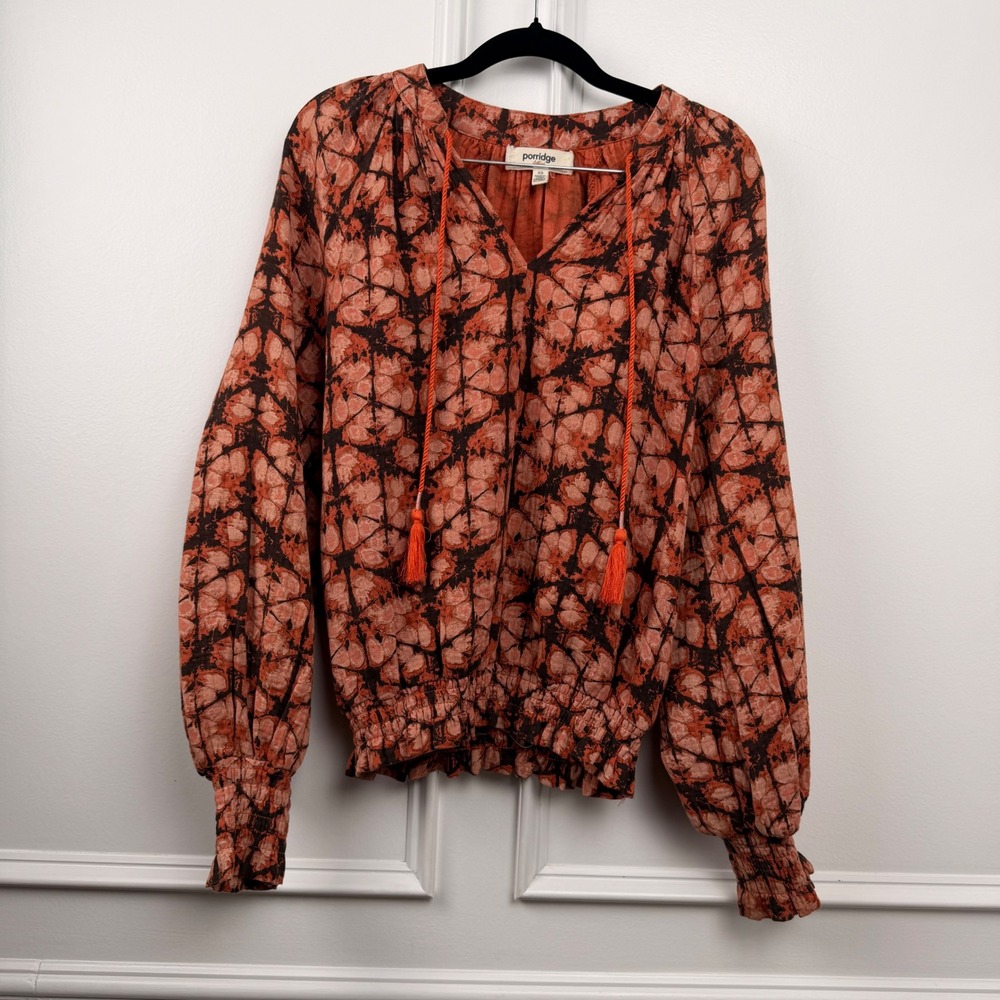 Porridge Anthropologie Orange Shibori Print Smocked Hem Boho Blouse XS Cotton